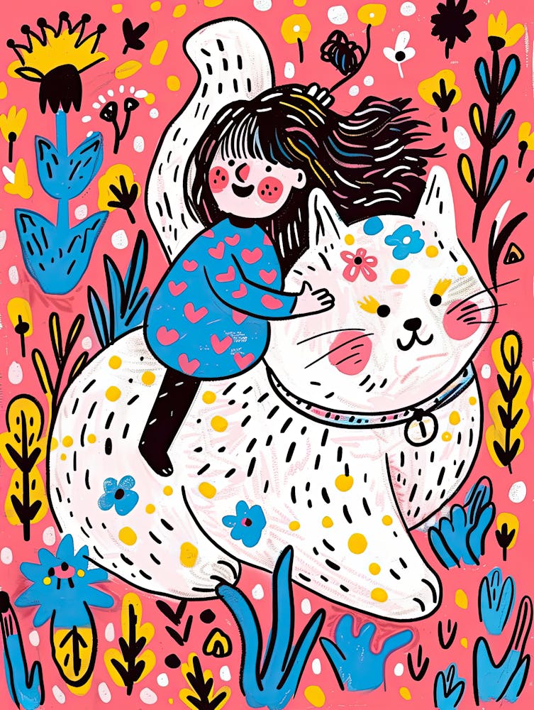 Girl Riding A White Cat |Children's prints & kids posters