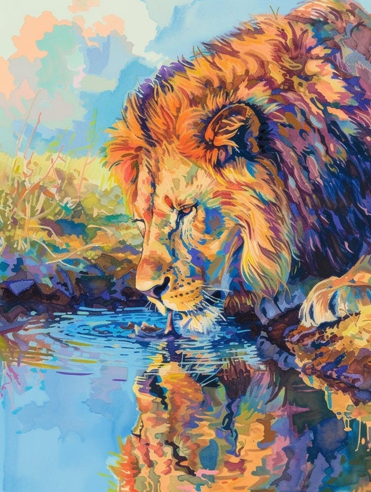 Southwest African Lion Drinking From A Watering Hole Fauvist Painting 2