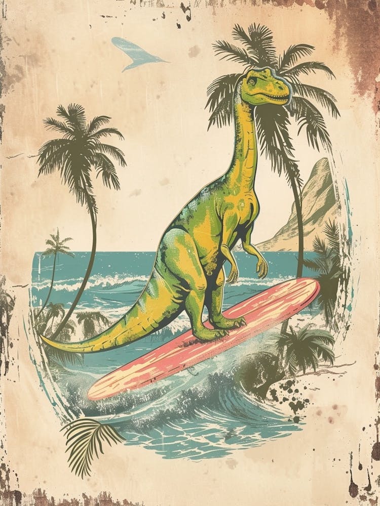 Vintage Apatosaurus Dinosaur On A Surf Board 2