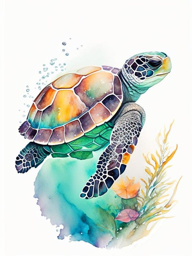 Foraging Sea Turtle, Sea Turtle Watercolour 1