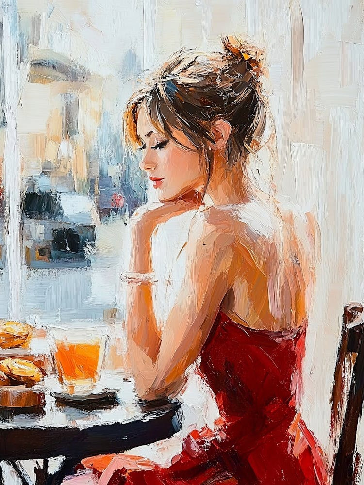 A Girl In A Red Dress Is Sitting In A Cafe 1