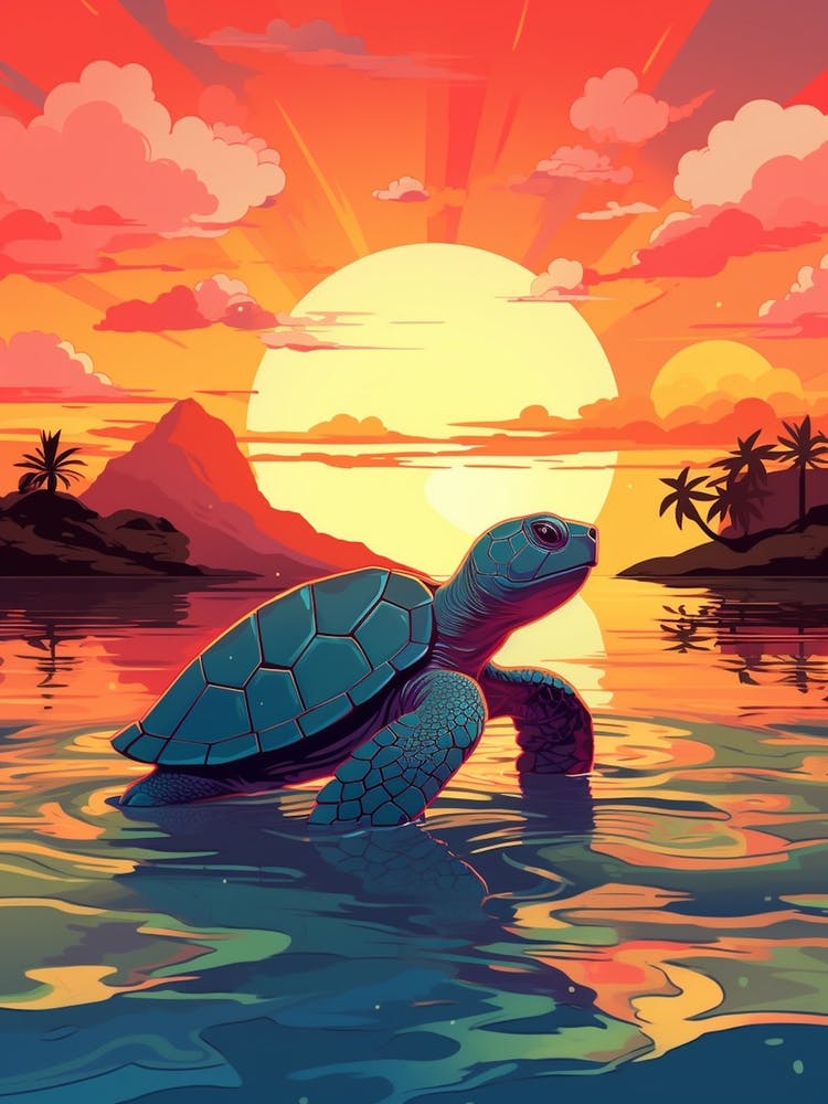 Tortue à Dos Plat Avec Coucher de Soleil