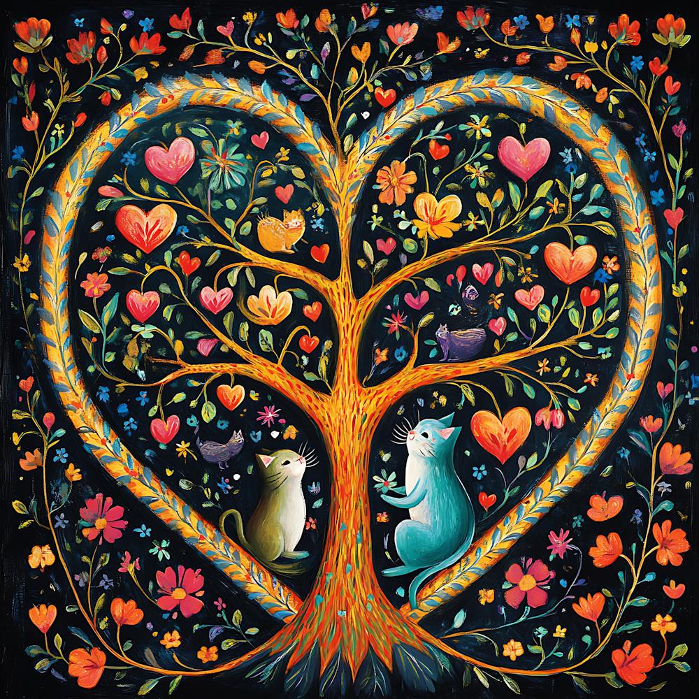 Folk Art Heart Tree Cat Climbing Artwork 11