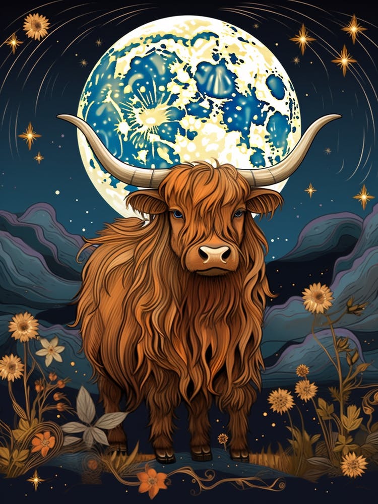 Digital Illustration Of Highland Cow At Night 1