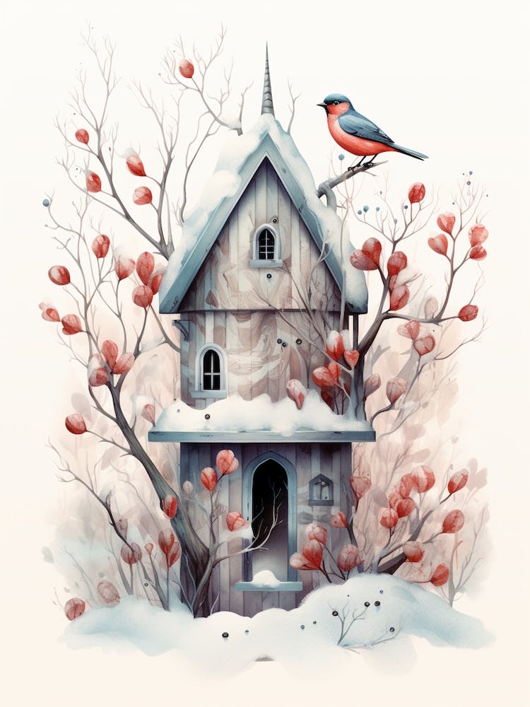 Bird House Winter Snow Illustration 2