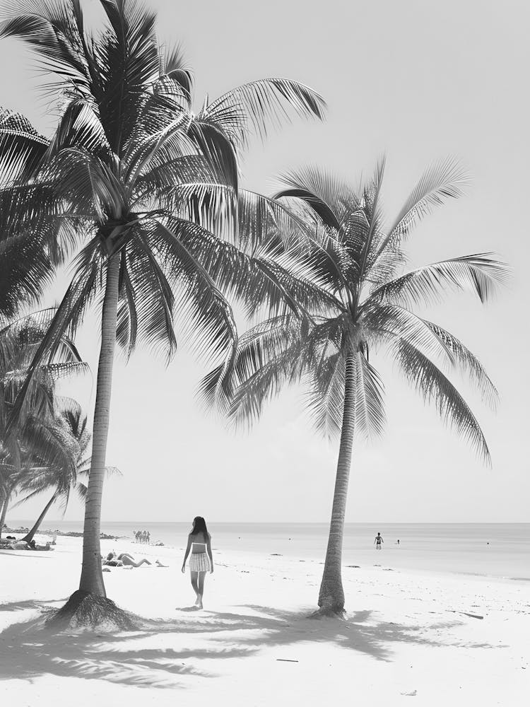 Woman Walking On Beach With Palm Trees