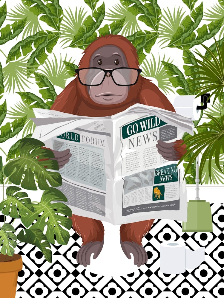 Orangutan On Toilet In Botanical Bathroom