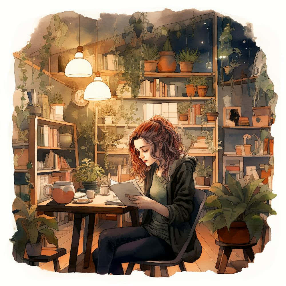 Girl Reading In Cosy Plant Filled Bookshop Watercolour