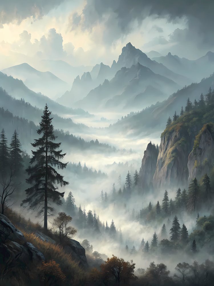 Oil Painting Style Misty Pine Mountain Landscape Serene Forest Valley
