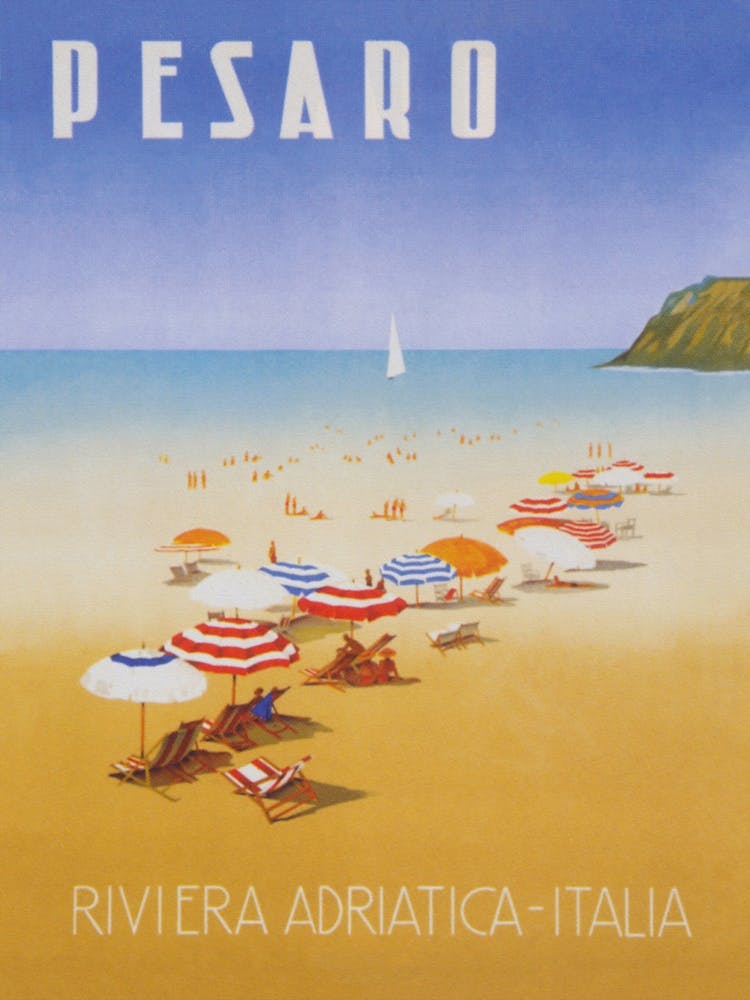 Pesaro Italy, Beach,  Vintage Travel Poster