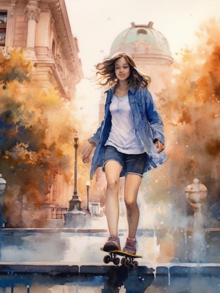 Girl Skateboarding In Buenos Aires, Argentina Watercolour 3