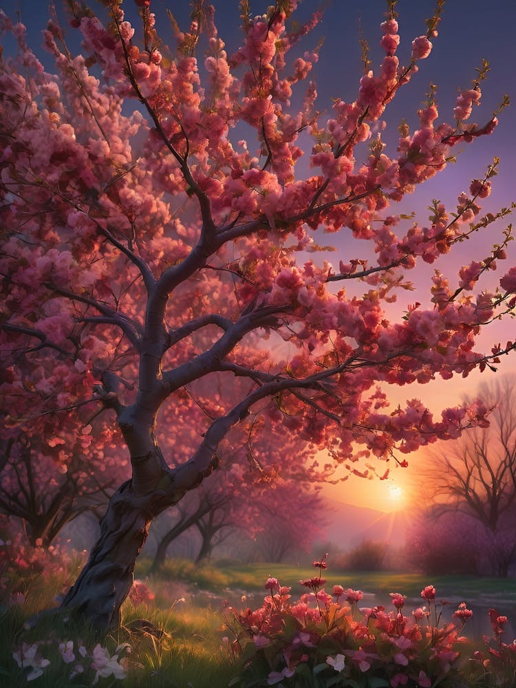 Cherry Blossoms At Sunset