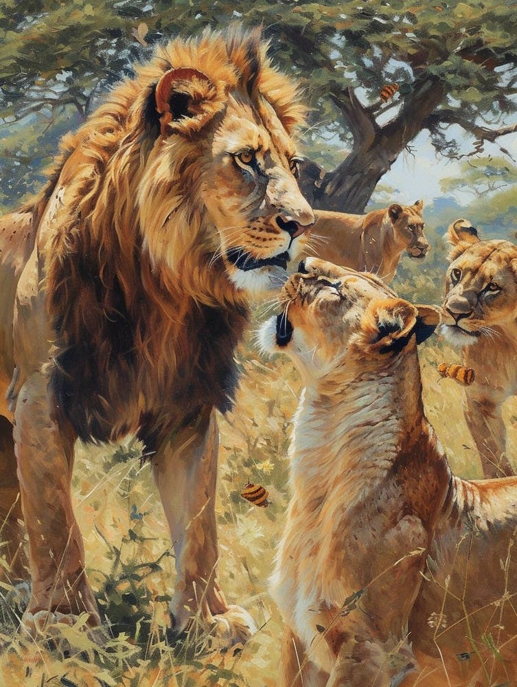 African Lion Interaction With Other Wildlife Acrylic Painting 1