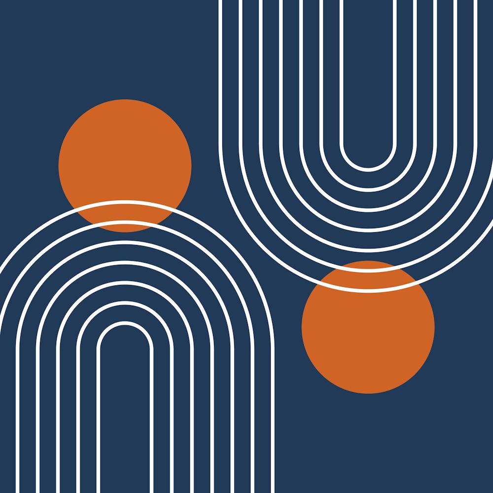 Mid Century Modern Geometric C14 In Navy Blue And Orange (Rainbow And Sun Abstraction) 02