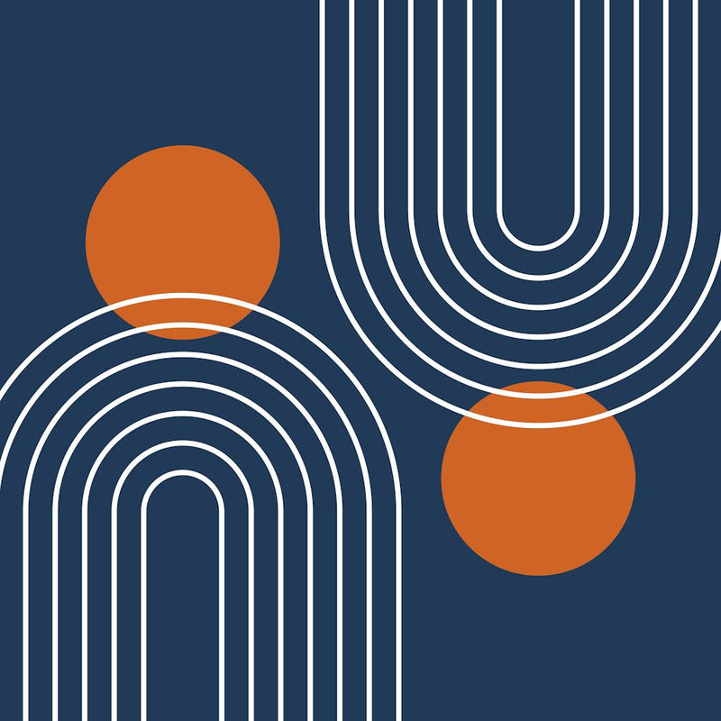 Mid Century Modern Geometric C14 In Navy Blue And Orange (Rainbow And Sun Abstraction) 02