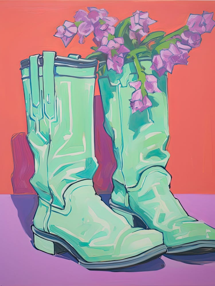 A Painting Of Cowboy Boots With Purple Lilac Flowers, Fauvist Style, Still Life 6