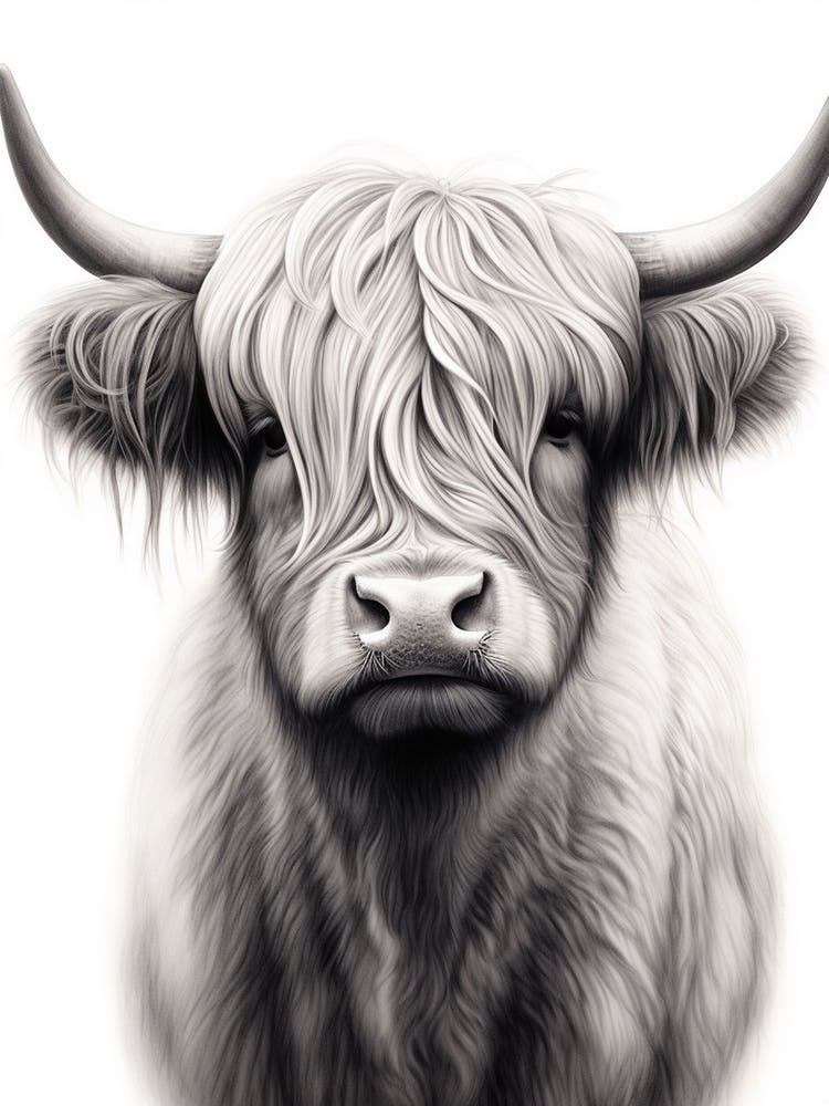 Black & White Illustration Of Young Highland Cow 2