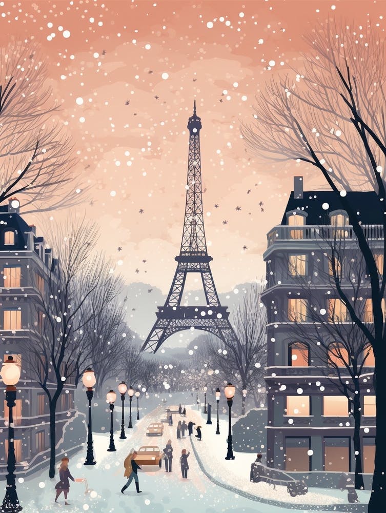 Winter Travel Night Illustration Paris France 1