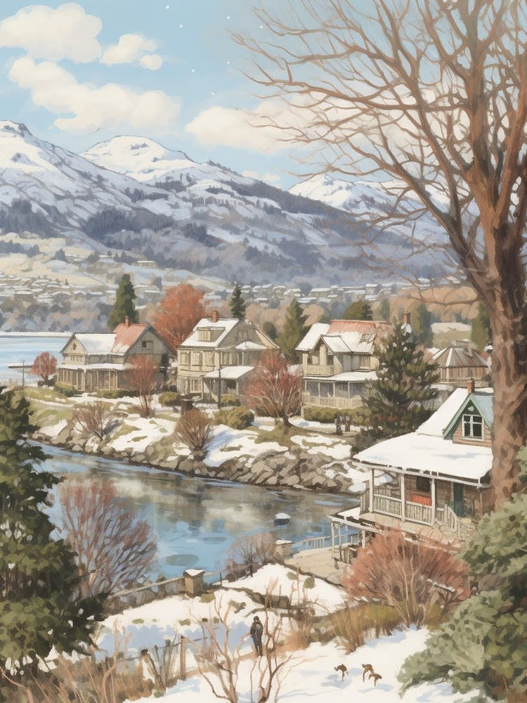 Vintage Winter Illustration Queenstown New Zealand 1