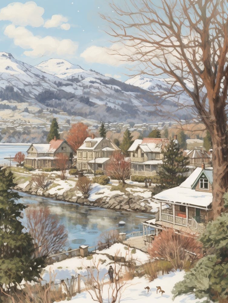 Vintage Winter Illustration Queenstown New Zealand 1