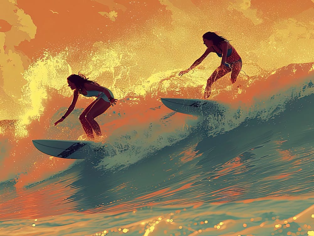 Two Surfers Riding A Wave