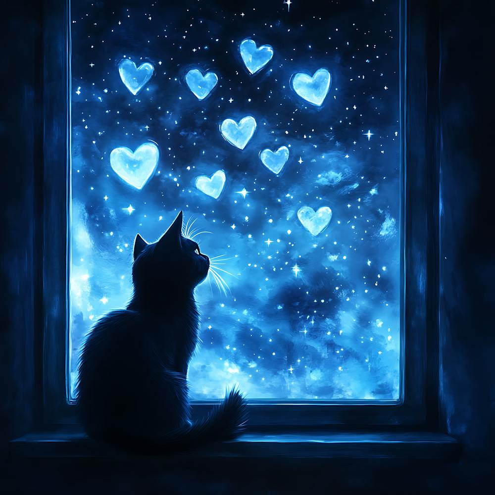 Dreamy Night Sky with Heart Stars Cat 12