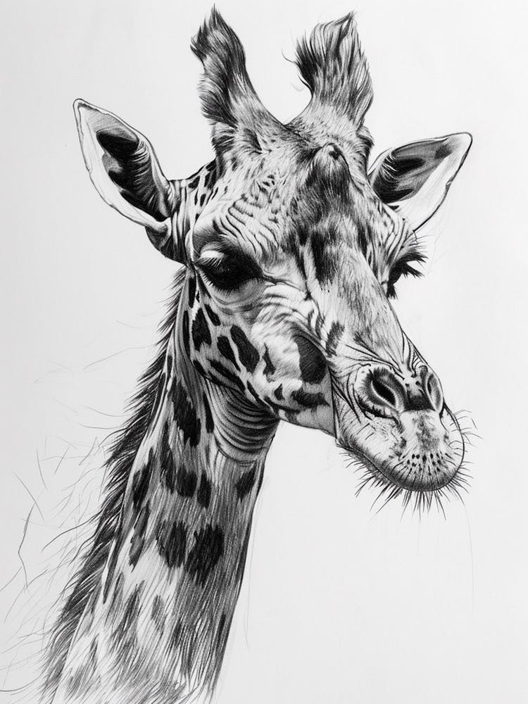 Giraffe Grey Pencil Drawing 3