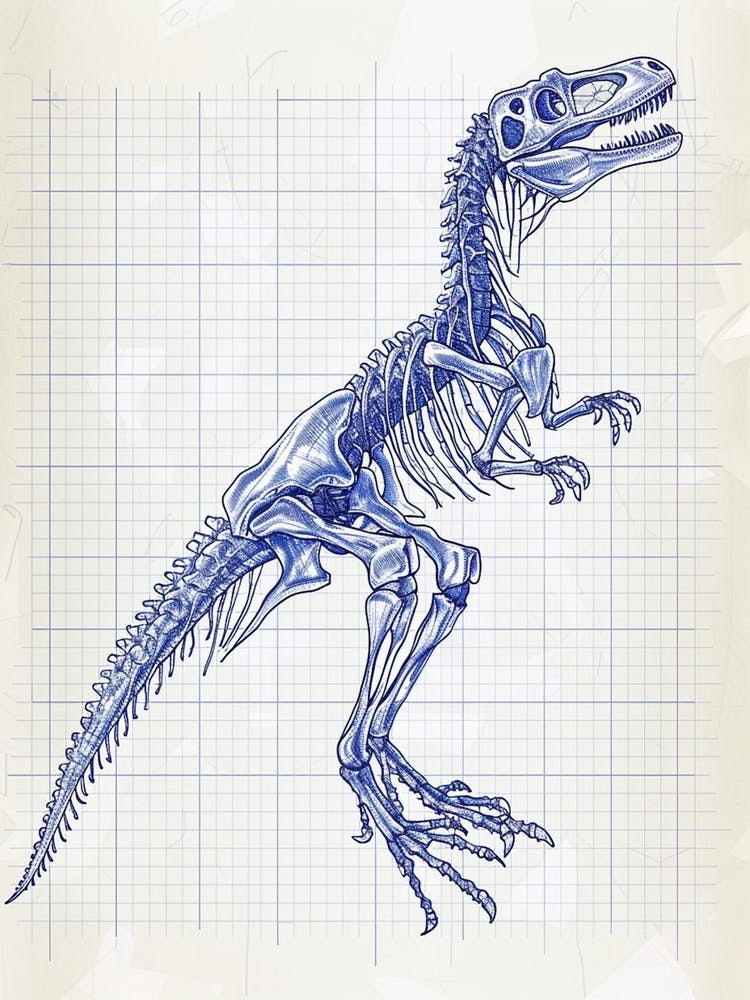 Utahraptor Dinosaur Skeleton Blue Print Style