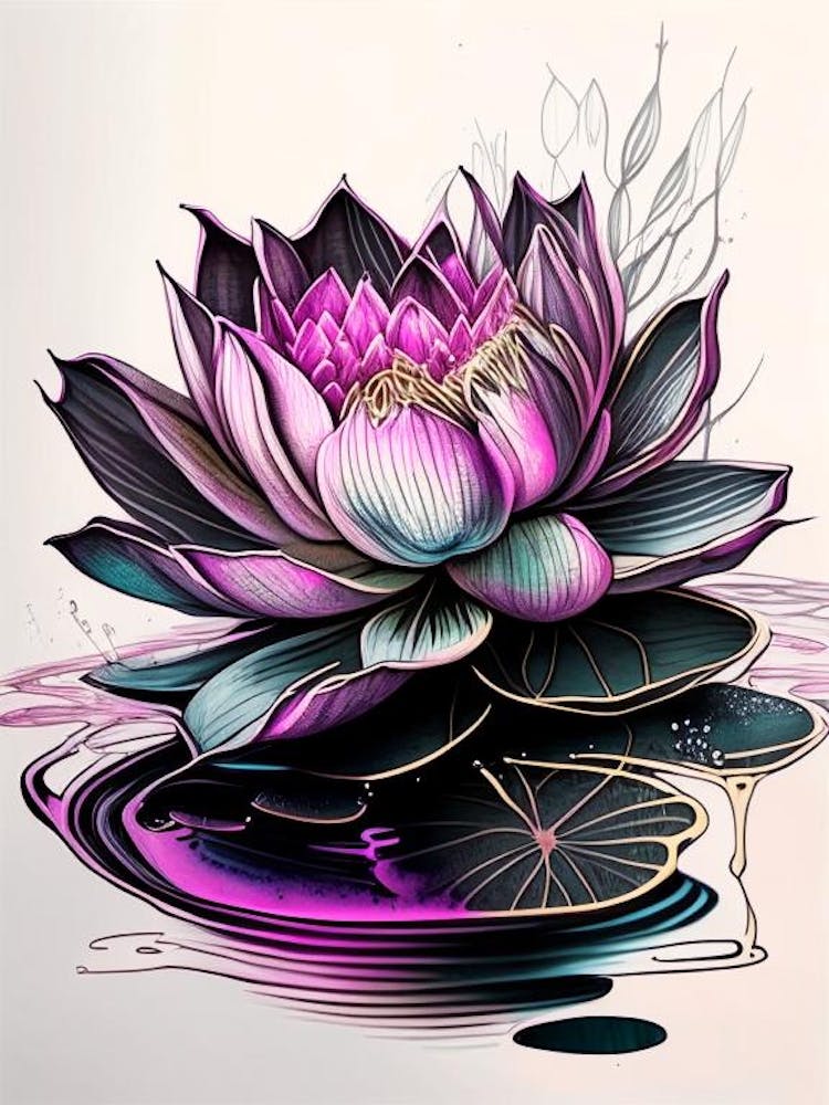 Blooming Lotus Flower In Pond Graffiti 4