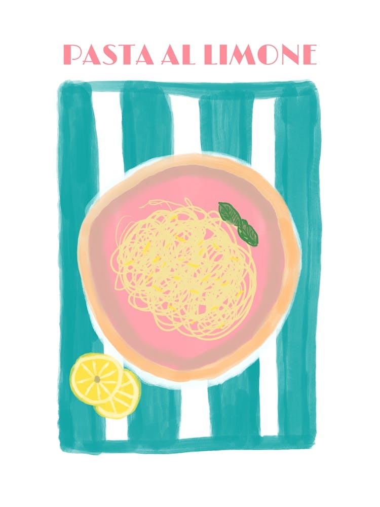 Pasta Spaghetti Lemon Stripes Blue and Pink Illustration Poster