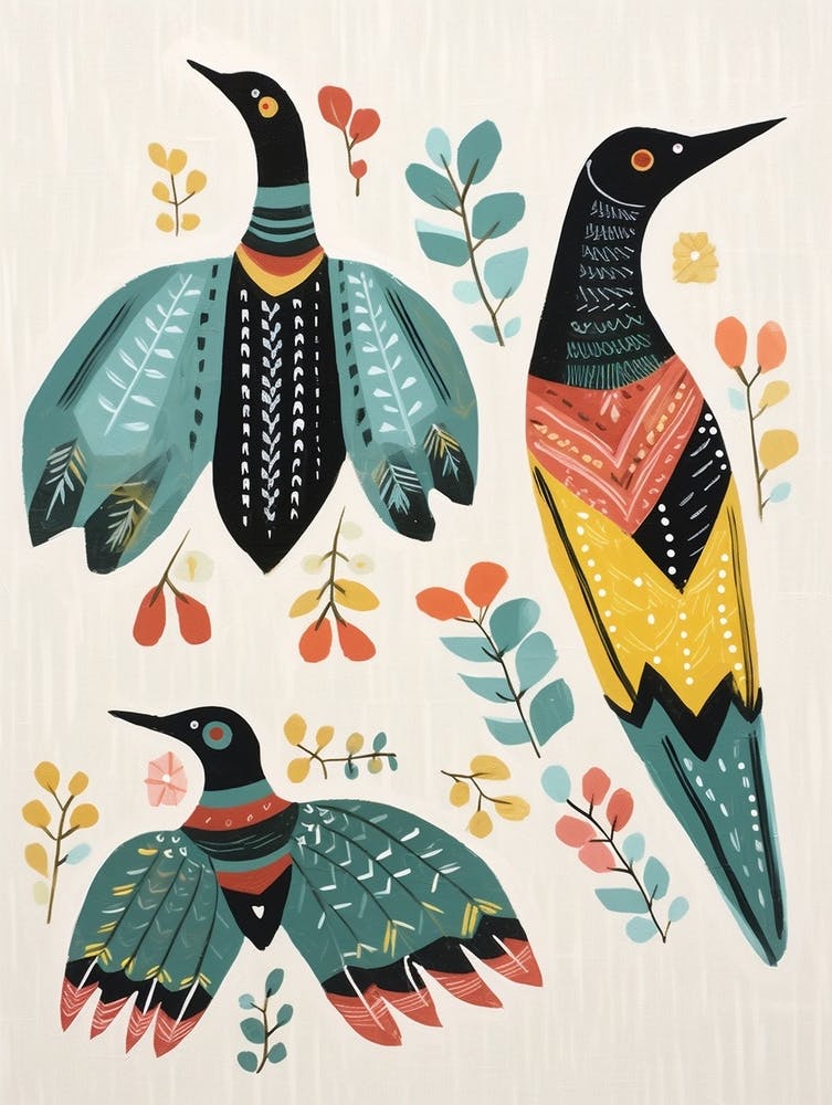 Folk Style Bird Painting Common Loon