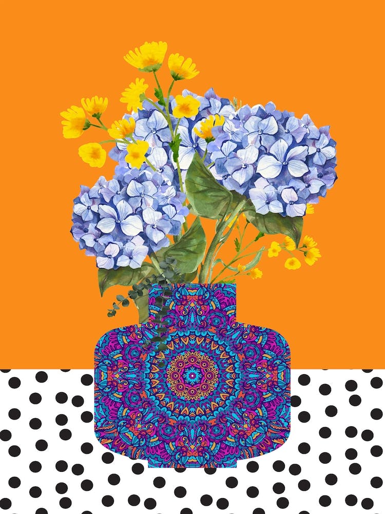 Blue Hydrangeas in Patterned Vase
