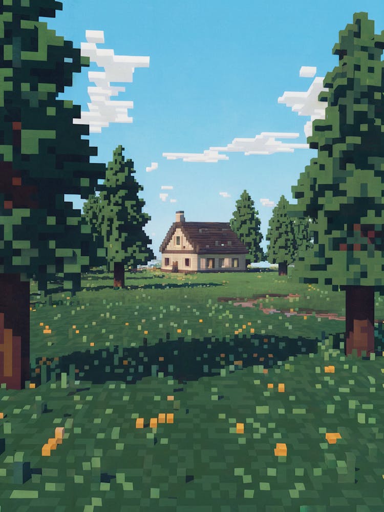 A Pixel Art Scene Reminiscent Of Classic Minecraft Landscape