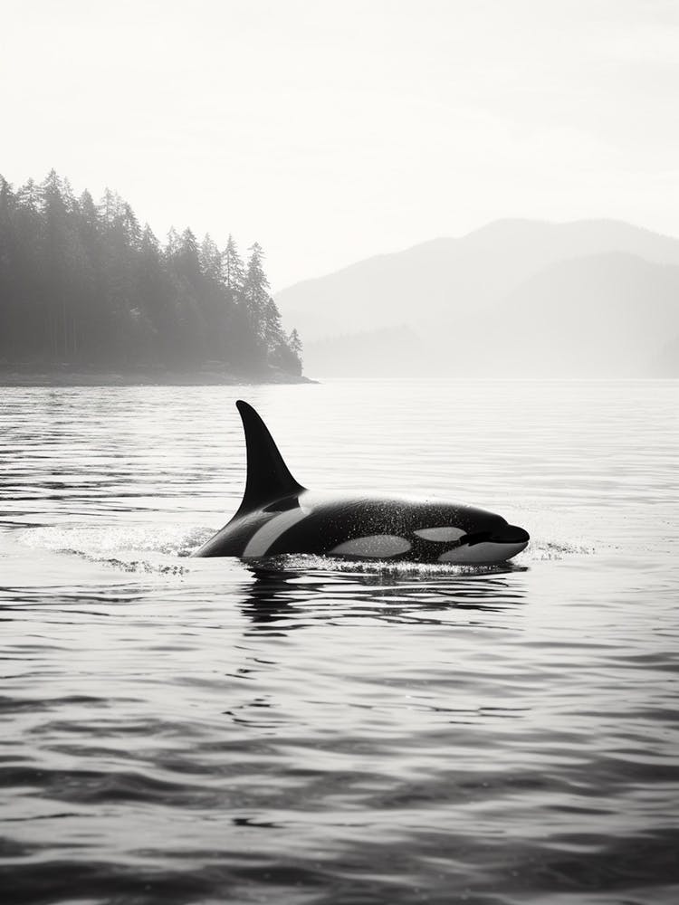 Orca Whale Fin Peeping Out Of Ocean Black & White