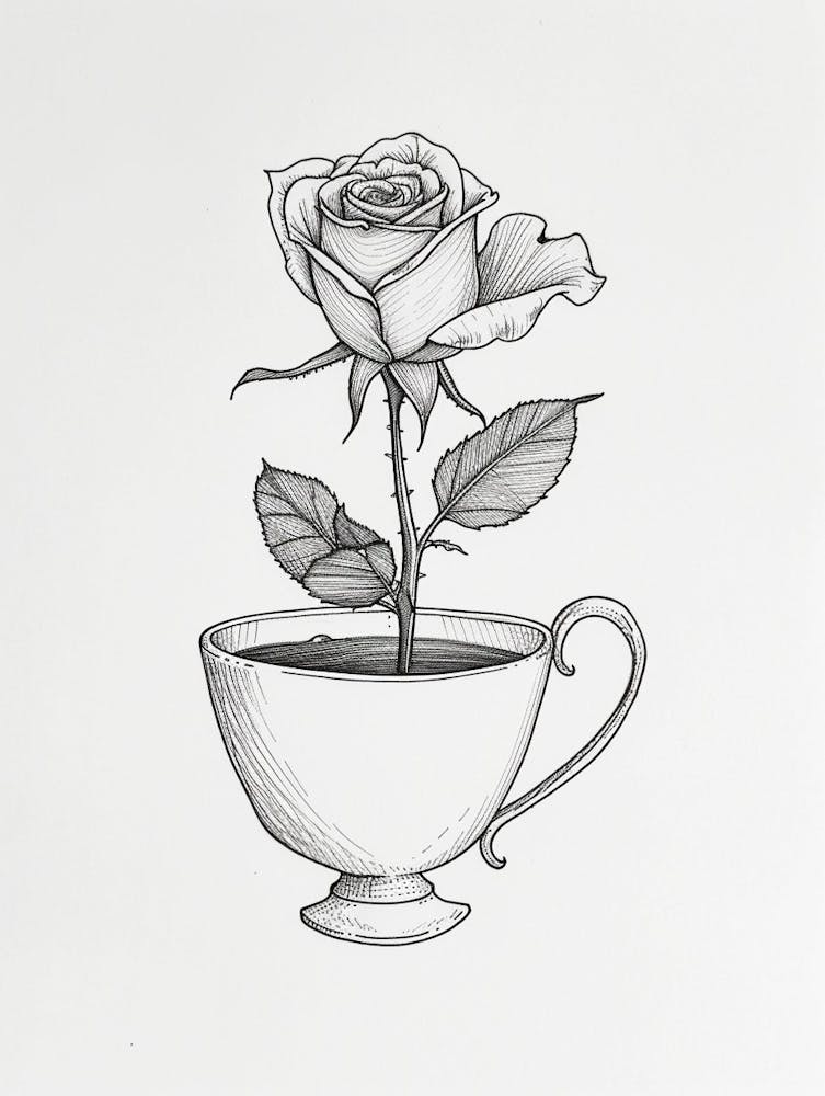 English Rose In A Cup Line Drawing 3