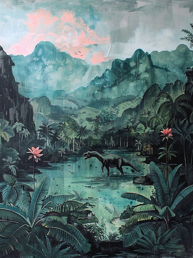 Dinosaur In A Paradise Landscape Painting 1