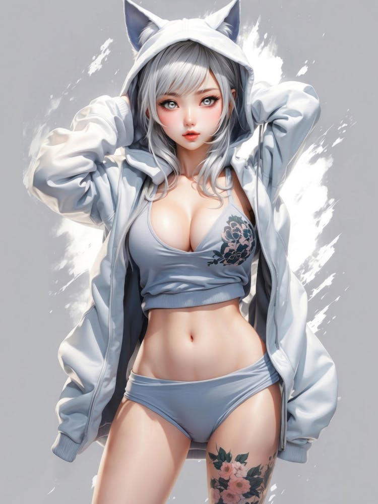 In a cyberpunk anime fantasy, a kawaii cosplay girl with cat ears poses in a white hoodie — a cute and sexy fusion of manga and waifu charm.