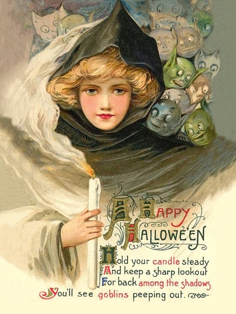Happy Halloween Poem, Young Witch With Candle And Little Demons Behind Her