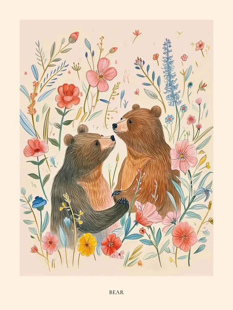 Folkloristische Blumen-Tierzeichnung Bär 9 Poster
