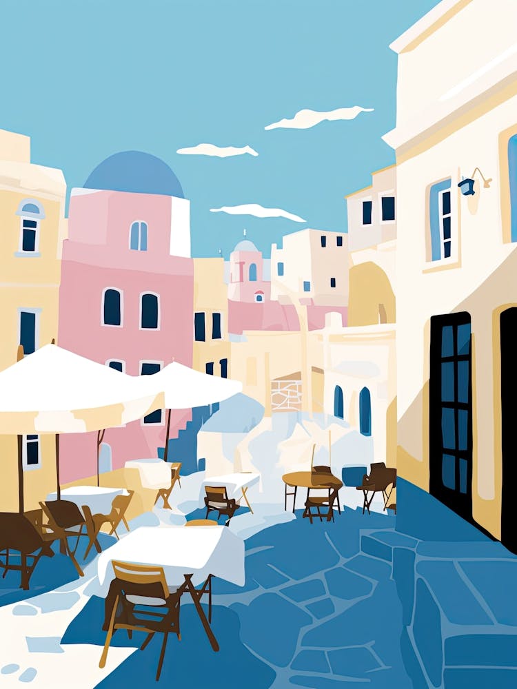 Santorini, Greece, Flat Pastels Tones Illustration 2