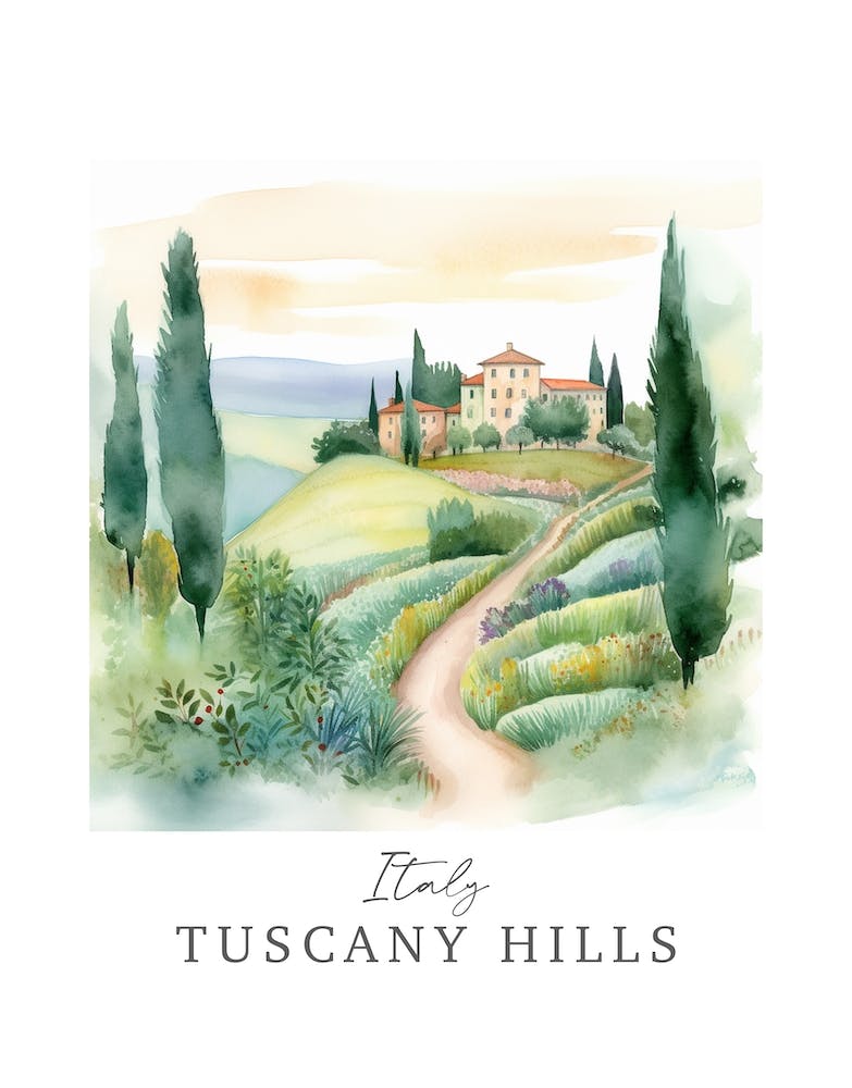 Italy Tuscany Hills Storybook 7 Travel Poster Watercolour