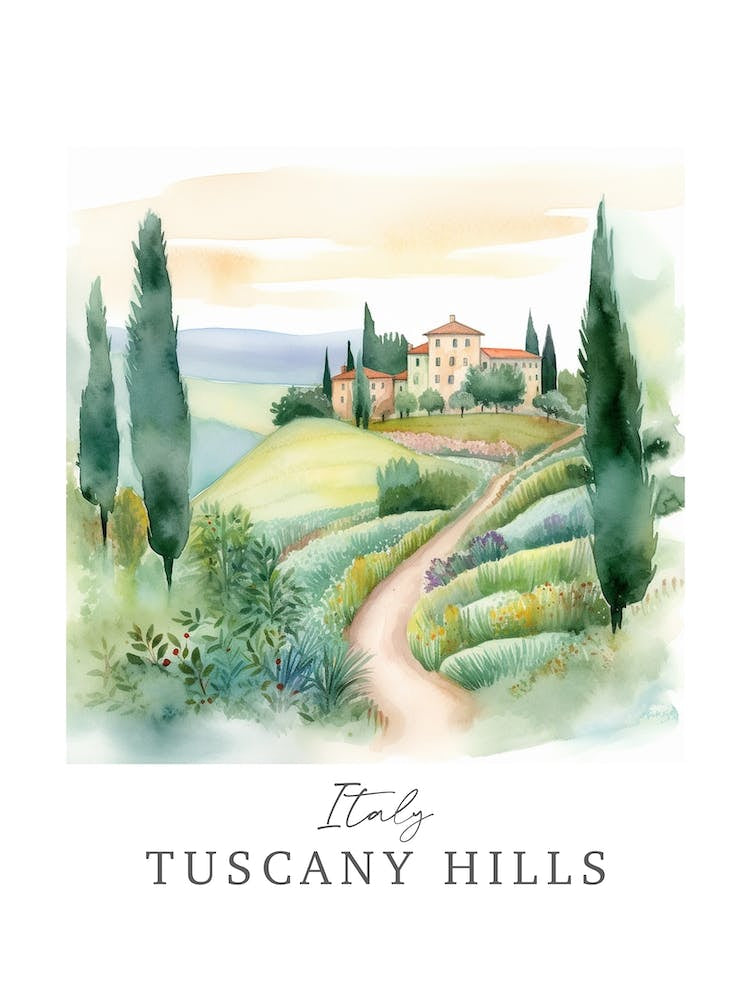 Italy Tuscany Hills Storybook 7 Travel Poster Watercolour