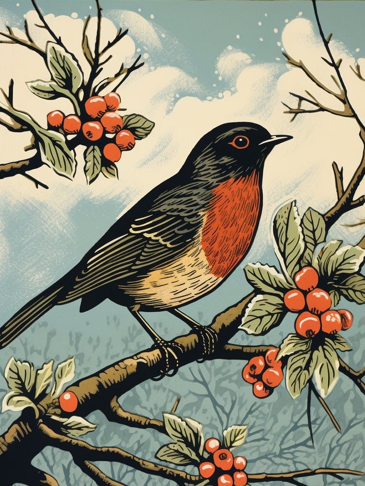 Vintage Bird Linocut Robin 2