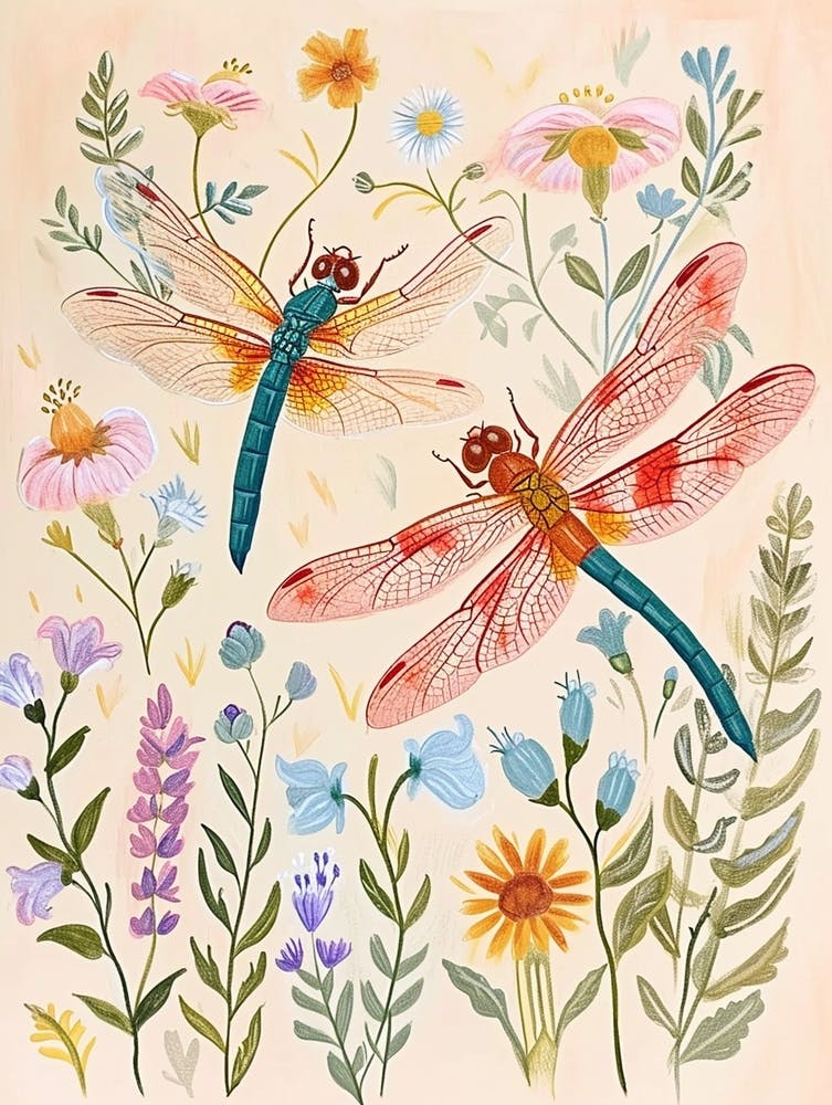Folksy Floral Animal Drawing Dragonfly