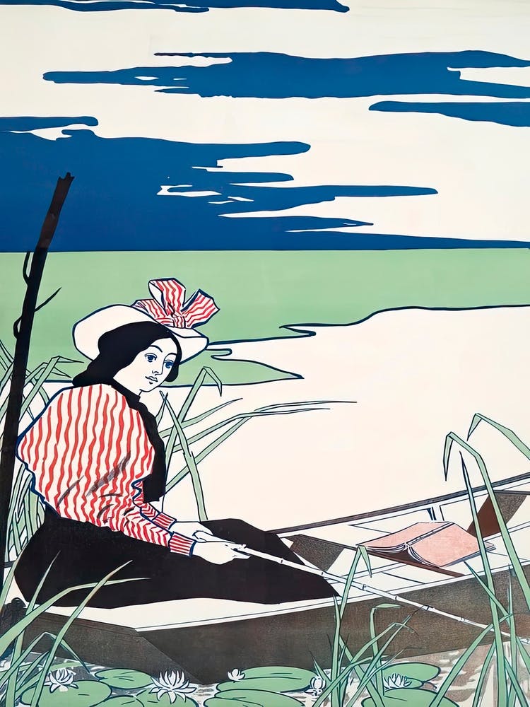 Woman Fishing From A Boat Illustration, Edward Penfield