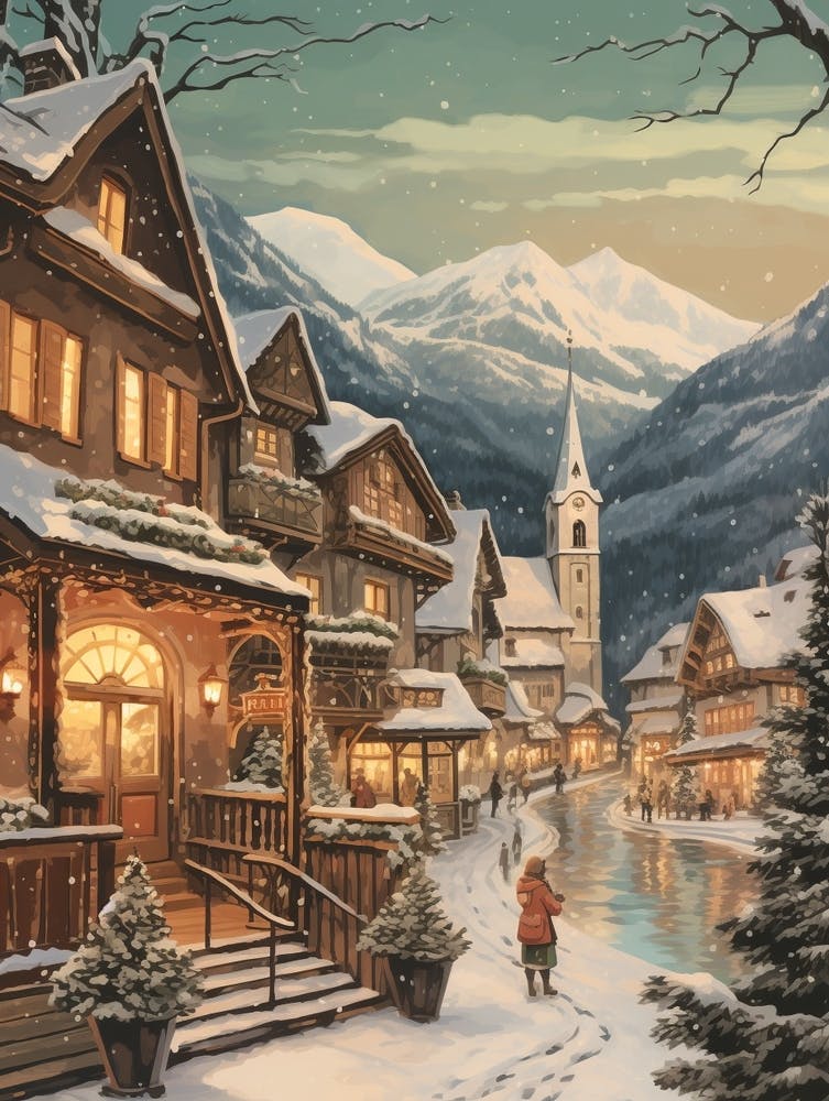 Vintage Winter Illustration Hallstatt Austria 3