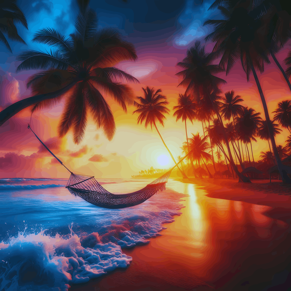 Beach With Palm Trees At Sunset