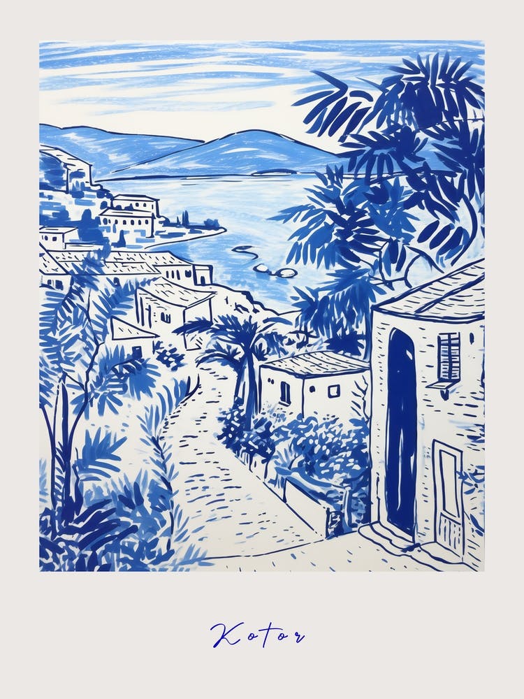Kotor Montenegro 3 Affiche Dessin Bleu Méditerranéen