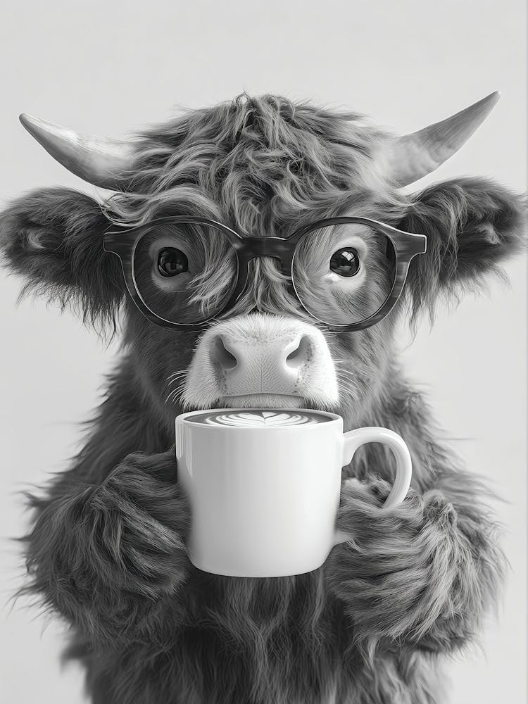 Highland Cow Drinking Coffee Wall Art, Black And White Print, Trendy Animal Art, Coffee Bar Decor, Funny Poster, Kitchen Wall Decor