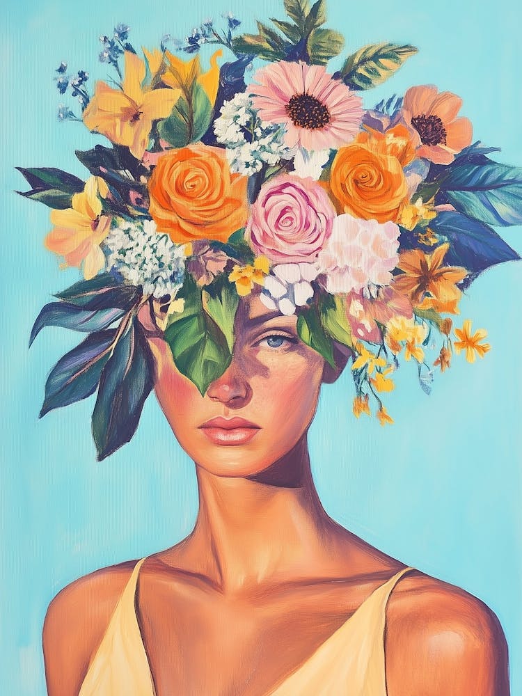 Frau mit Blumenhaar Sophia, Pastel Blumenkranz, bunte Sommer Malerei